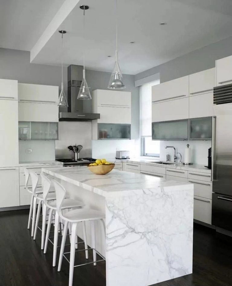 White Kitchen with White Marble Countertops