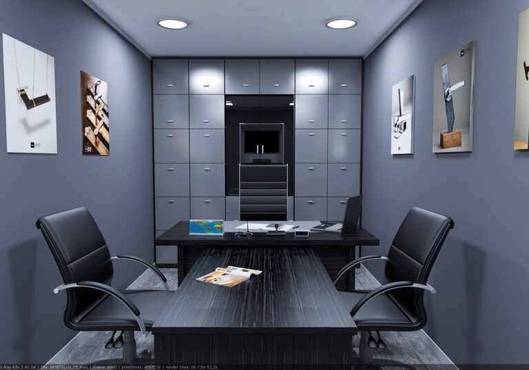 Office Table and Dark Grey Wall via brutalist