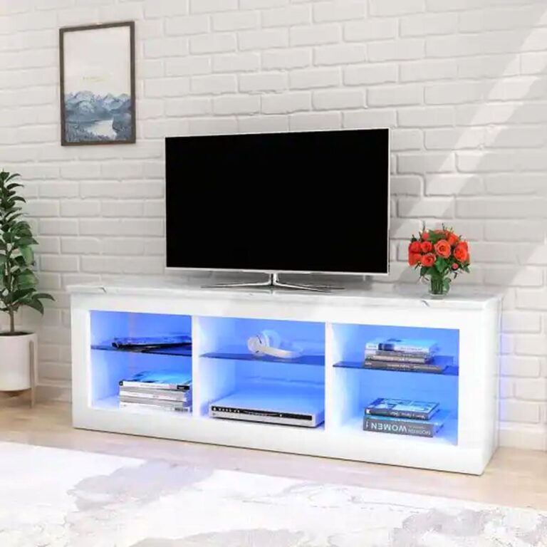 W Faux Marble White TV Stand with 6 Storage