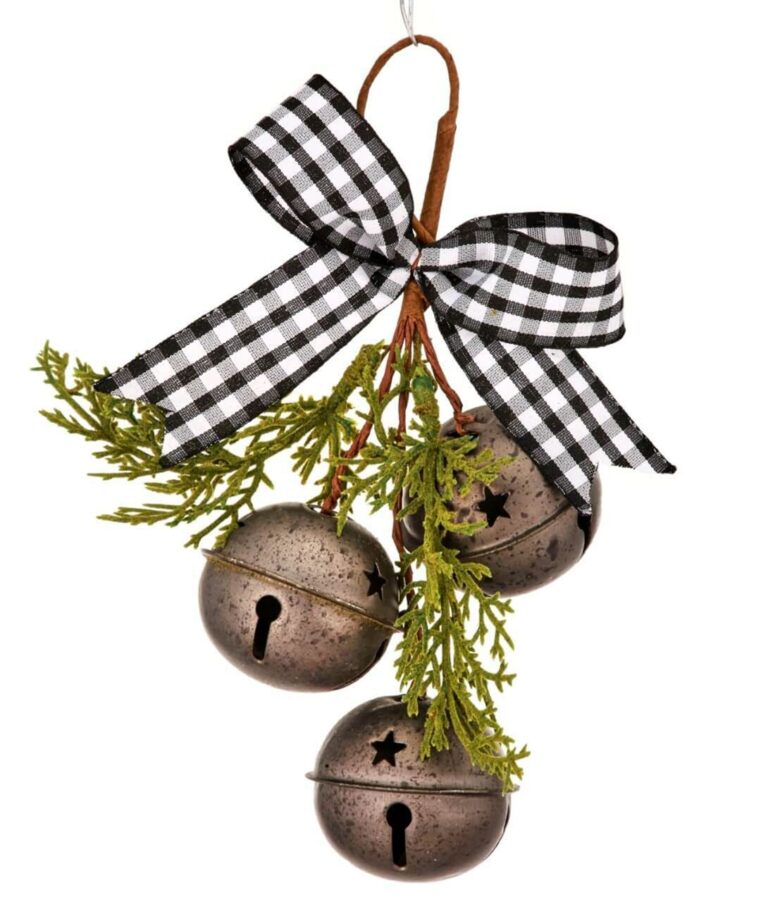 Galvanized Bells With Buffalo Check Bow Christmas Ornament