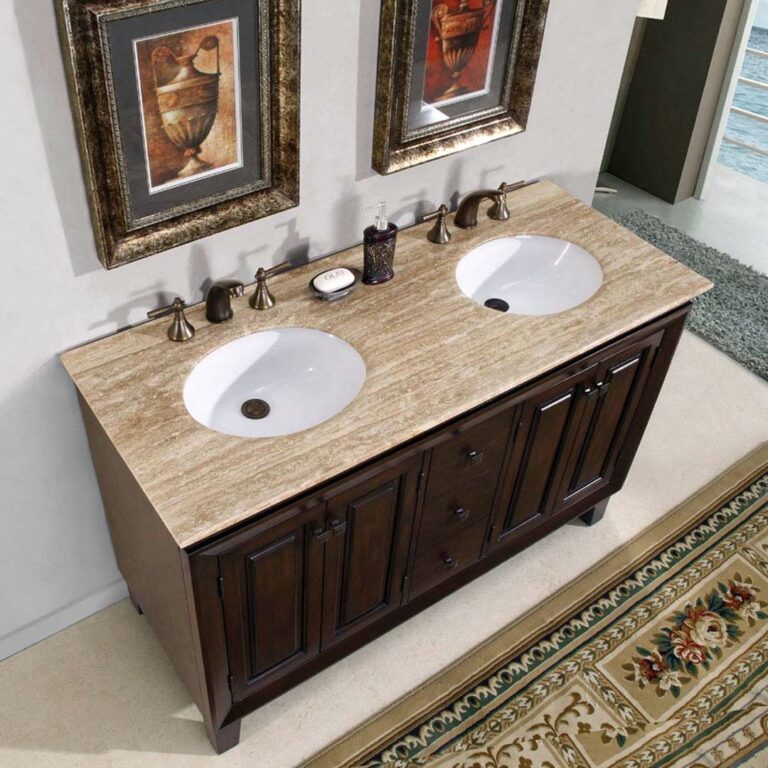 Travertine Stone Top White Sink Bathroom Double Vanity