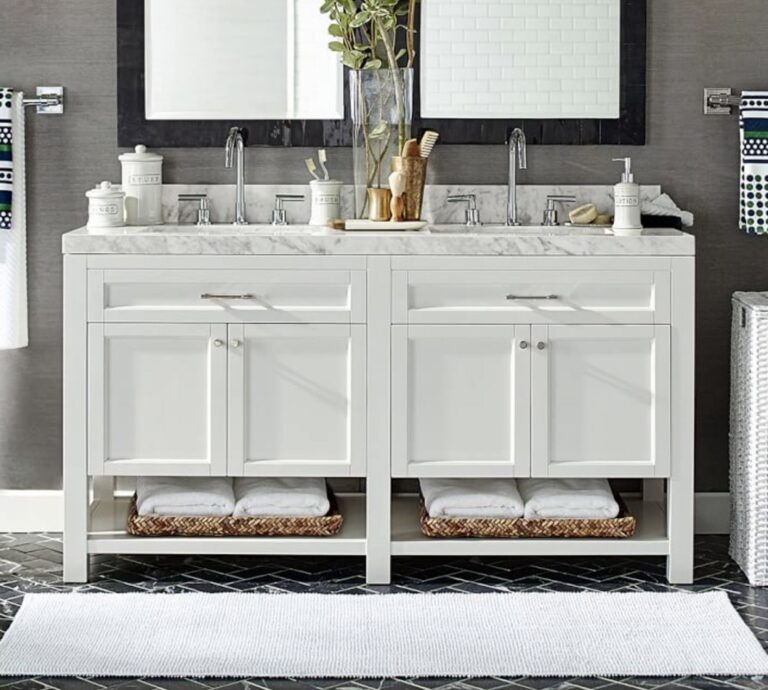 White Double Vanity With Sink and marble countertop