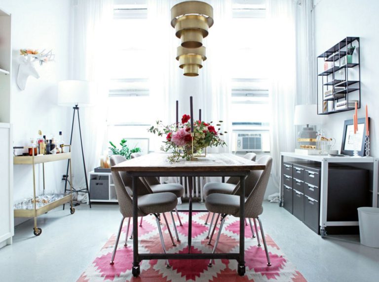 danish interior design pink rug in white kitchen