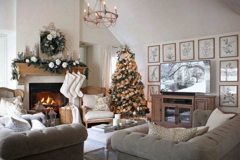 Gold and White Classic Christmas Living Room