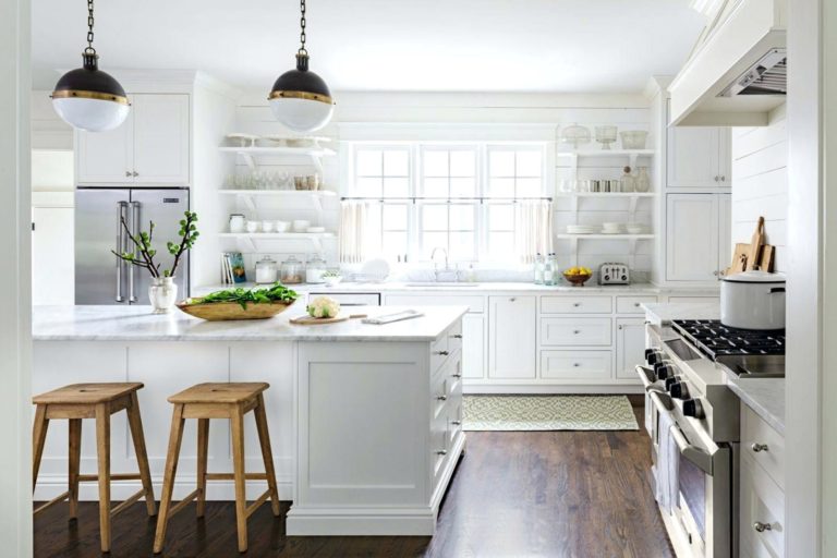 Wonderful White Kitchen Design ideas With Brown Wooden Floor