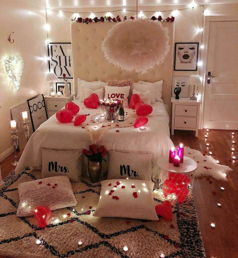 Beautiful Valentine Bedroom decoration with romantic lighting