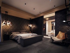 Trendy Bedroom Concept with Dark Brick
