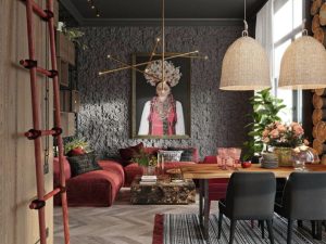 Cozy Modern Apartment with Vibrant Pops of Red and Rustic Decor_result